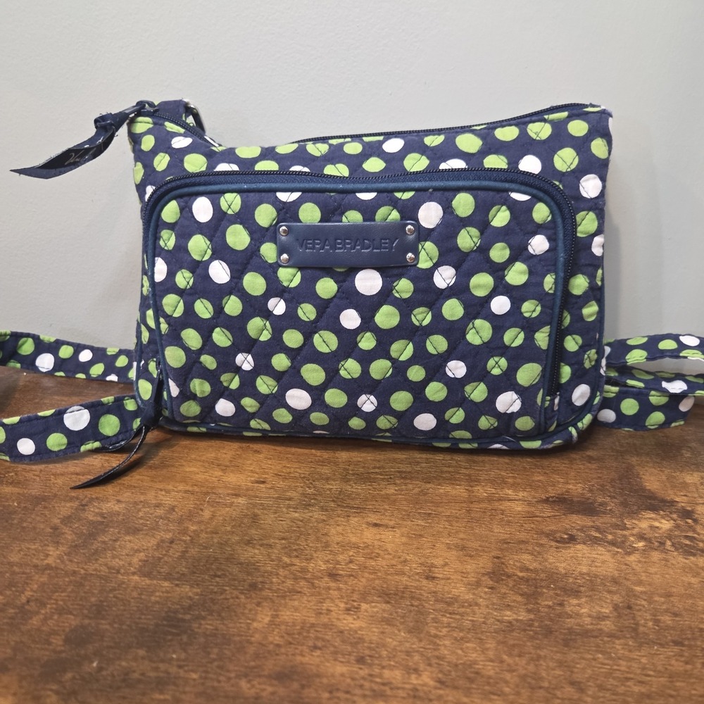 Vera‎ Bradley Polka Dot Quilted Cotton Crossbody Bag Navy Blue Green Small Purse